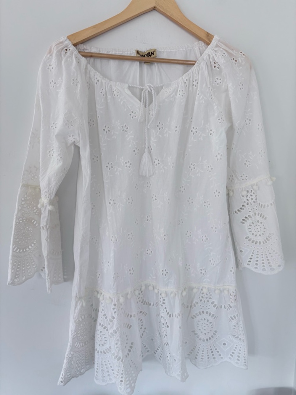White Eyelet Mini Dress with Tassel Tie